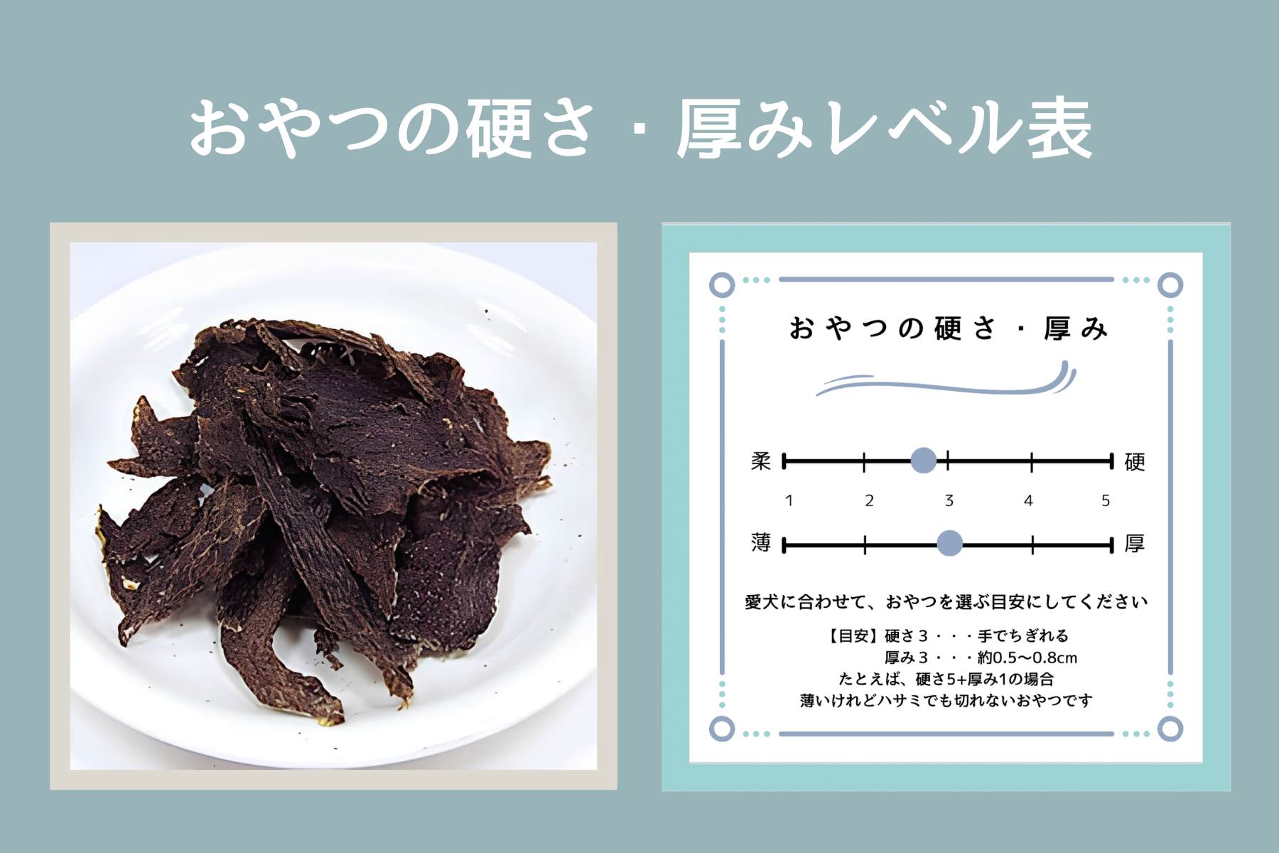 犬のおやつに「硬さ・厚み」のレベル表をつけました！