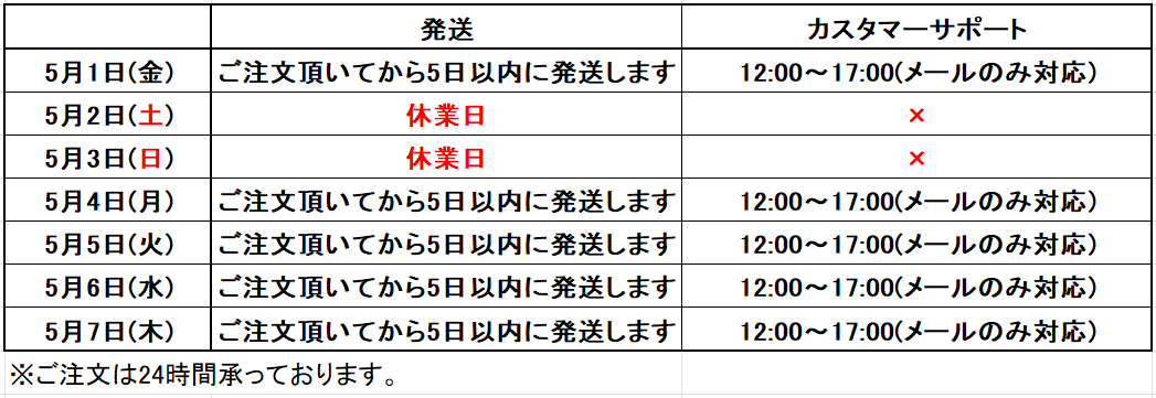 ◆ゴールデンウィークの出荷および営業日のご案内◆