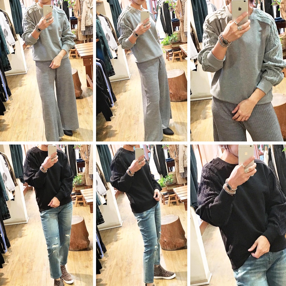 異素材 ニット×スウエット トップス 裏起毛