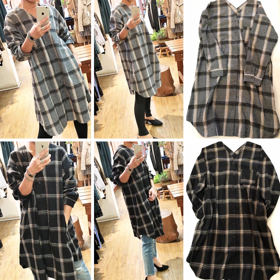 起毛チェック 抜き襟シャツワンピ チェック柄 シャツワンピース