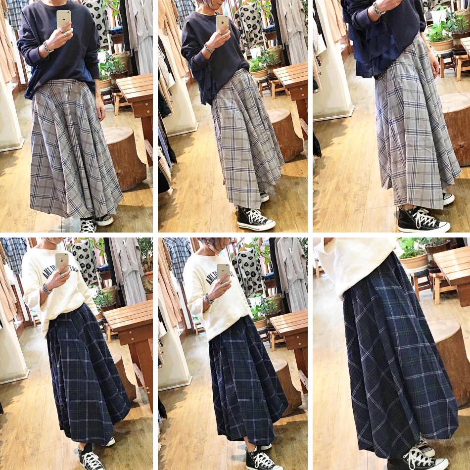 寝る素材のフレアチェックスカートが入荷しました