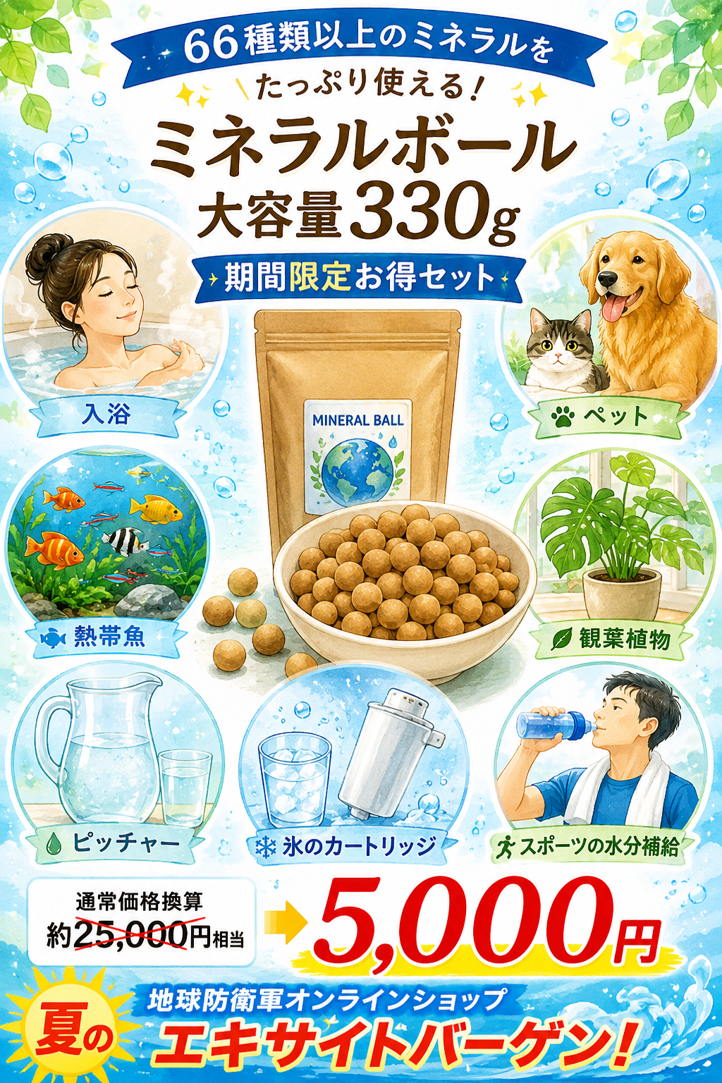 夏のエキサイトバーゲン  66種類以上のミネラルをたっぷり使える  ミネラルボール大容量330g