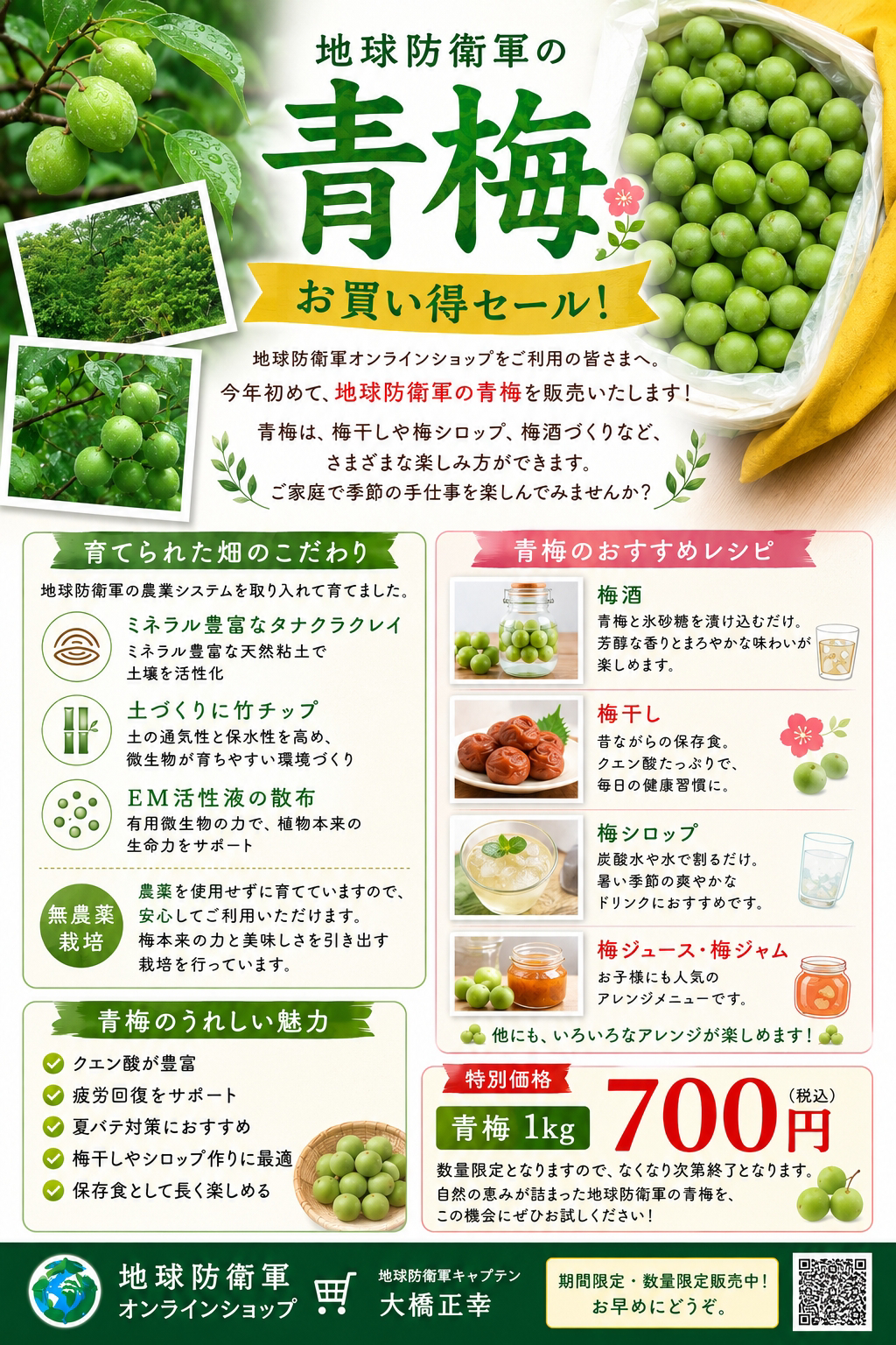 青梅1キロ　700円　無農薬EM栽培の新鮮青梅
