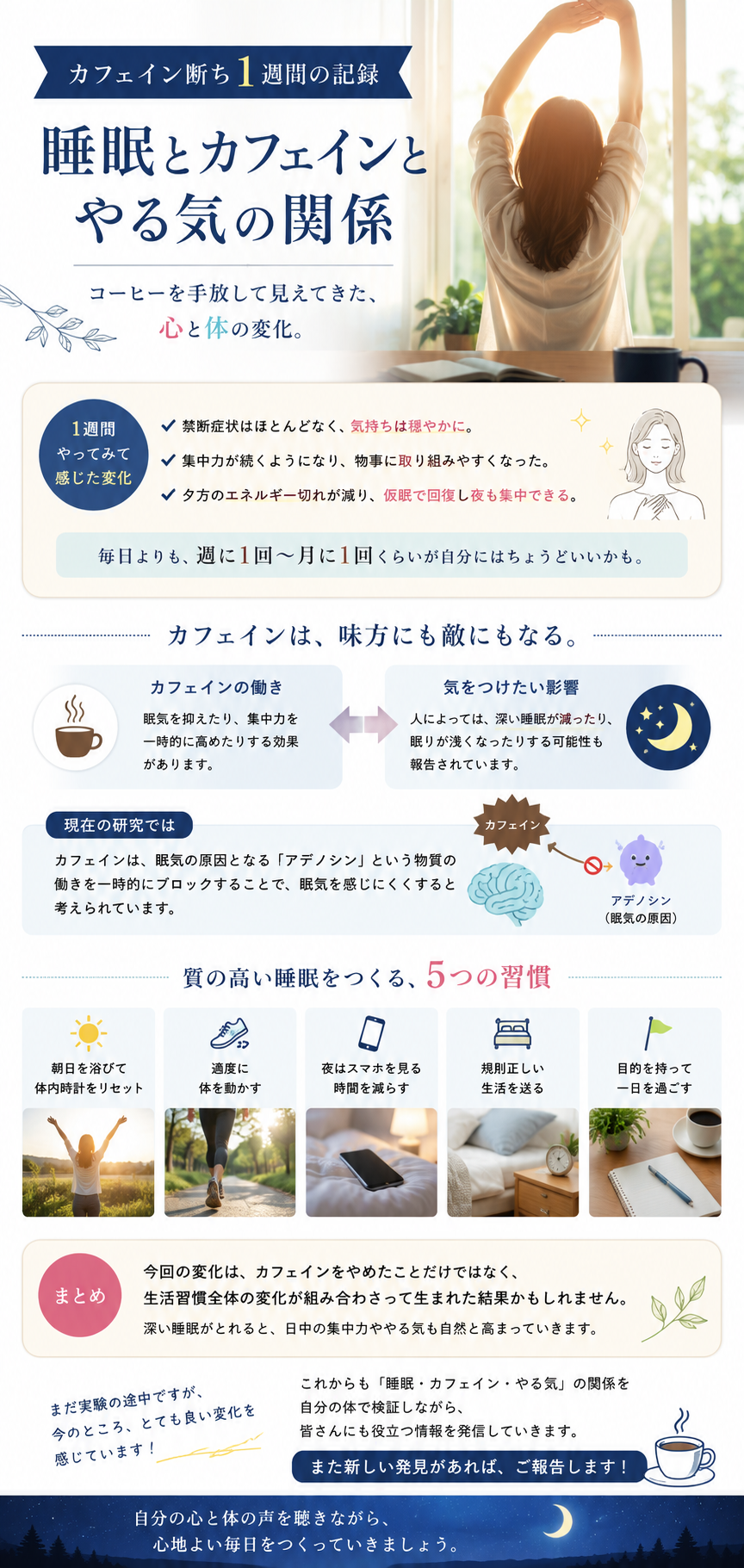 カフェイン断ち1週間。睡眠とやる気に変化がありました。