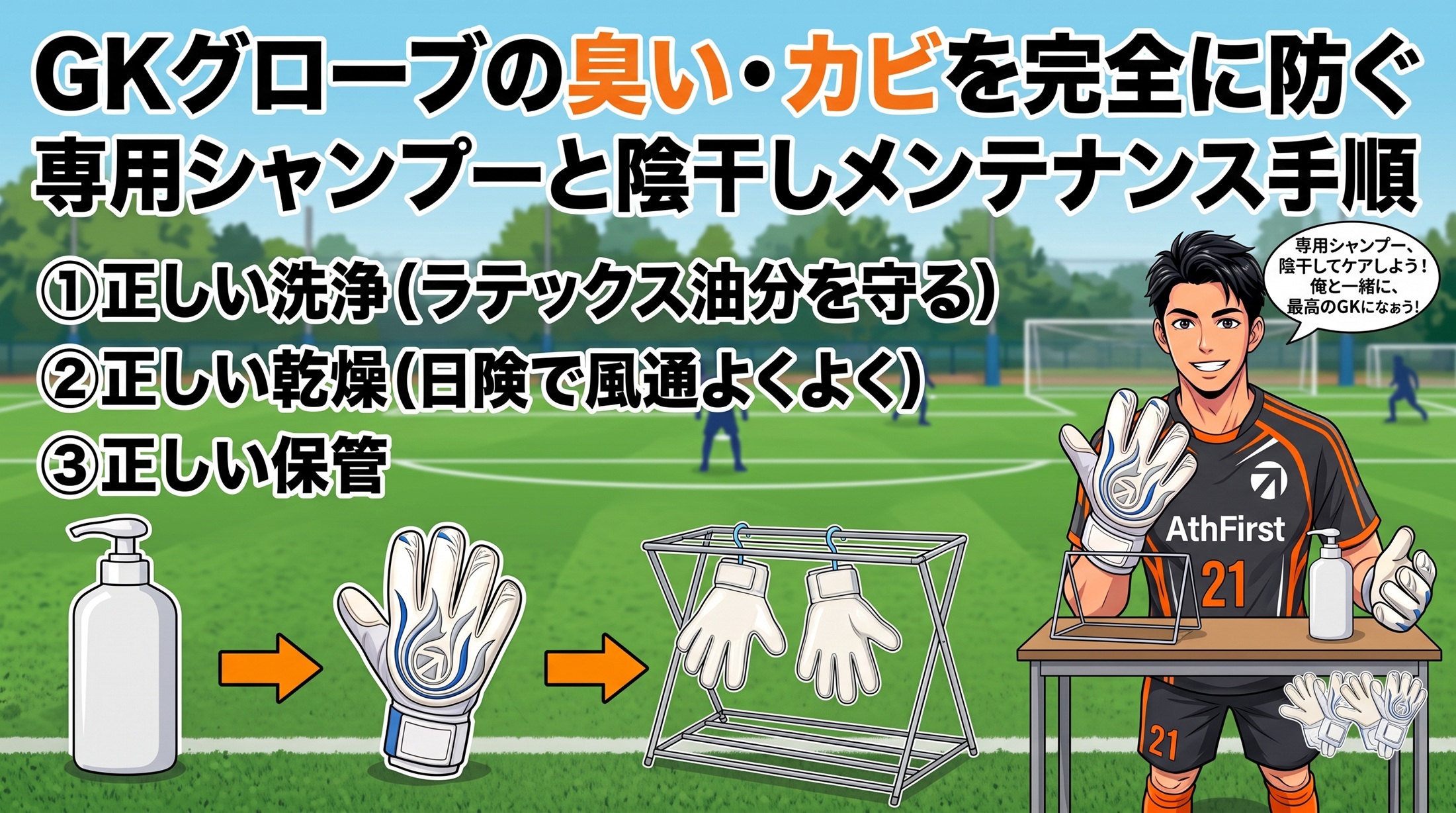 GKグローブの臭い・カビを完全に防ぐ専用シャンプーと陰干しメンテナンス手順