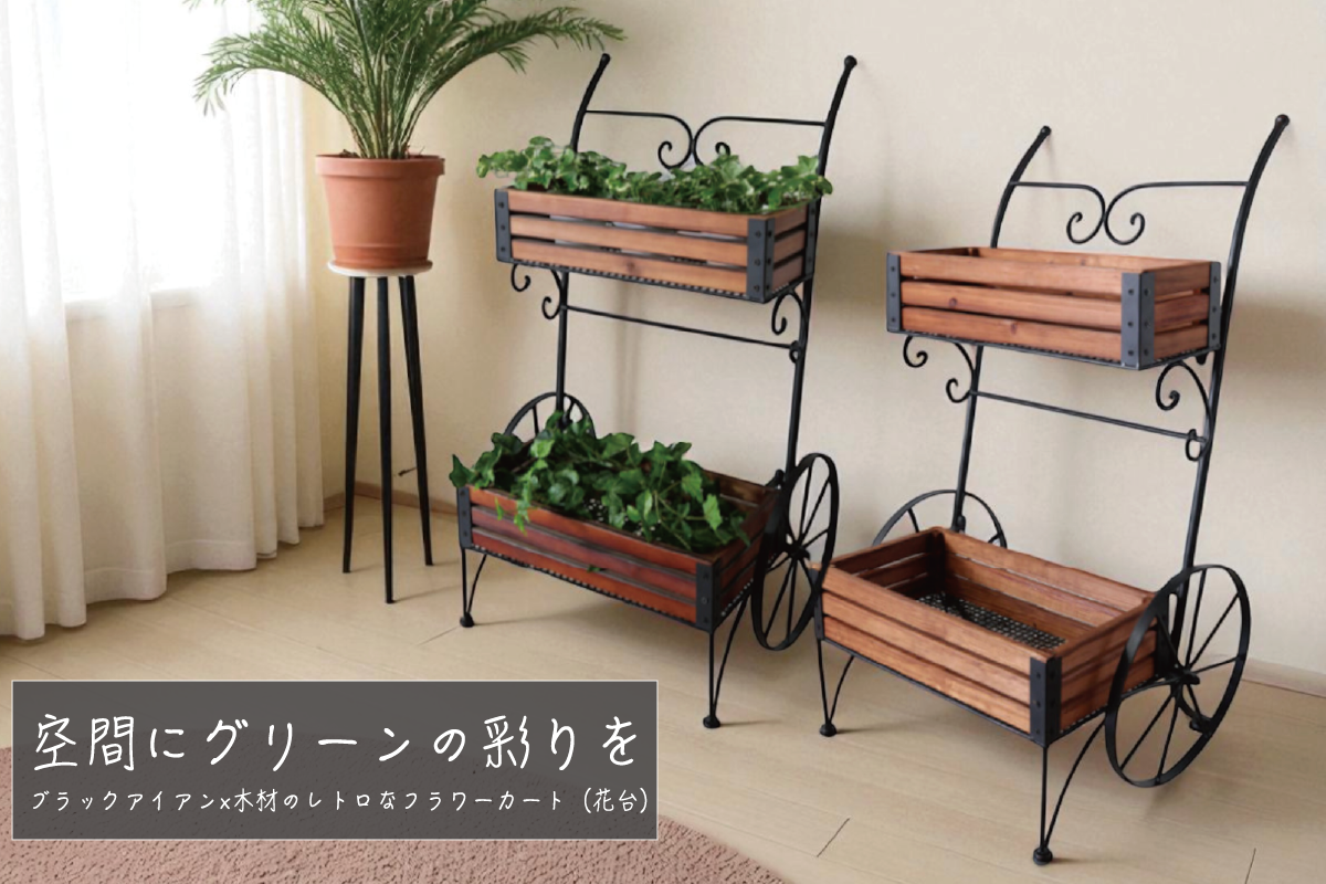 【空間にグリーンの彩りを】 ブラックアイアン×木材のレトロなフラワーカート（花台）