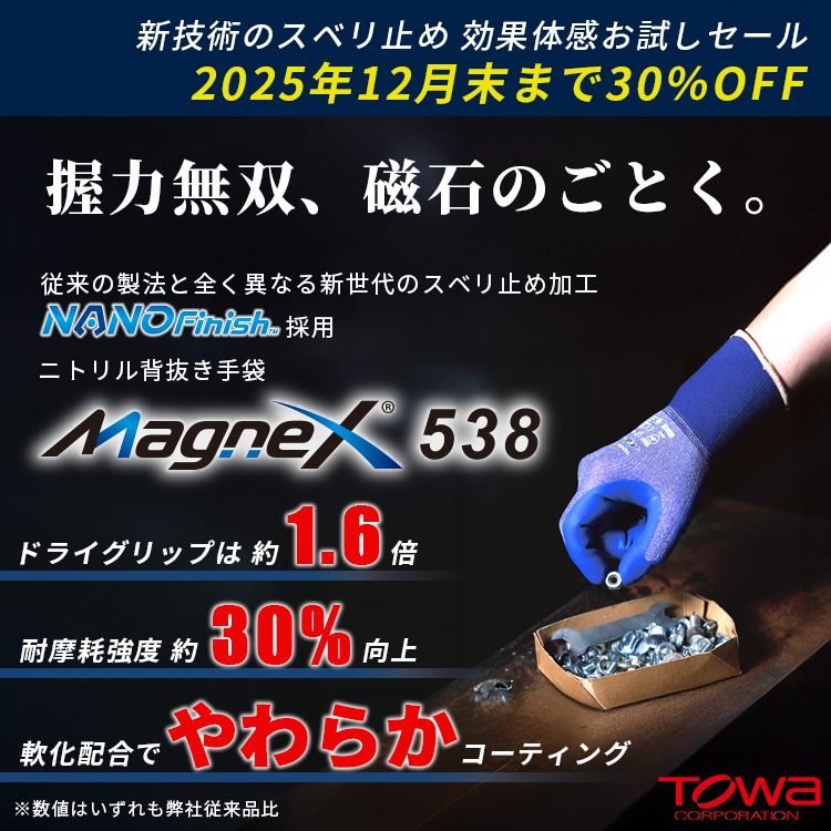 東和コーポレーション　新世代のスベリ止め採用「ニトリル背抜き手袋 MagneX538」