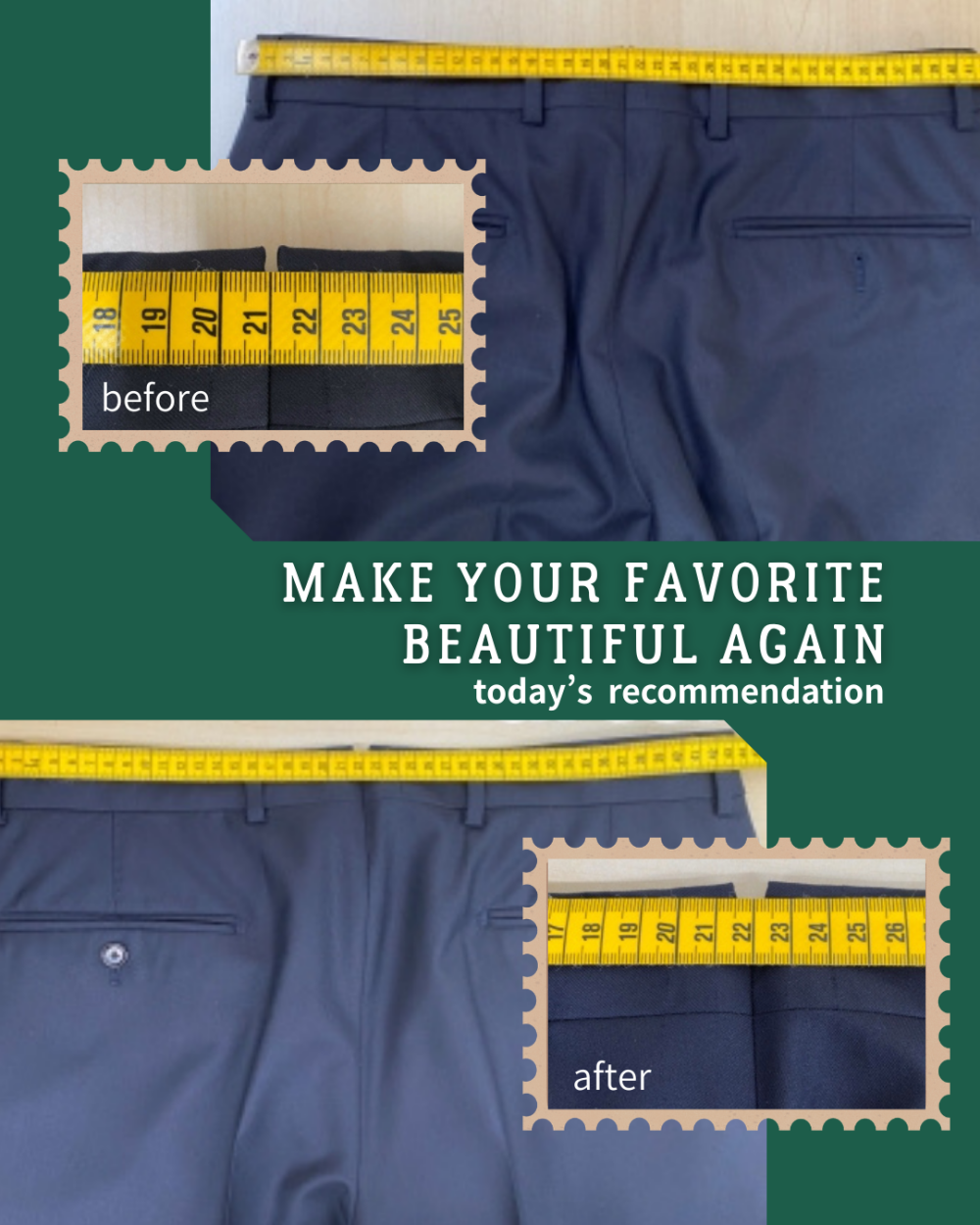 スラックスのウエスト出し（サイズ調整）で快適に｜きつくなったスラックスをもう一度履けるお直し
