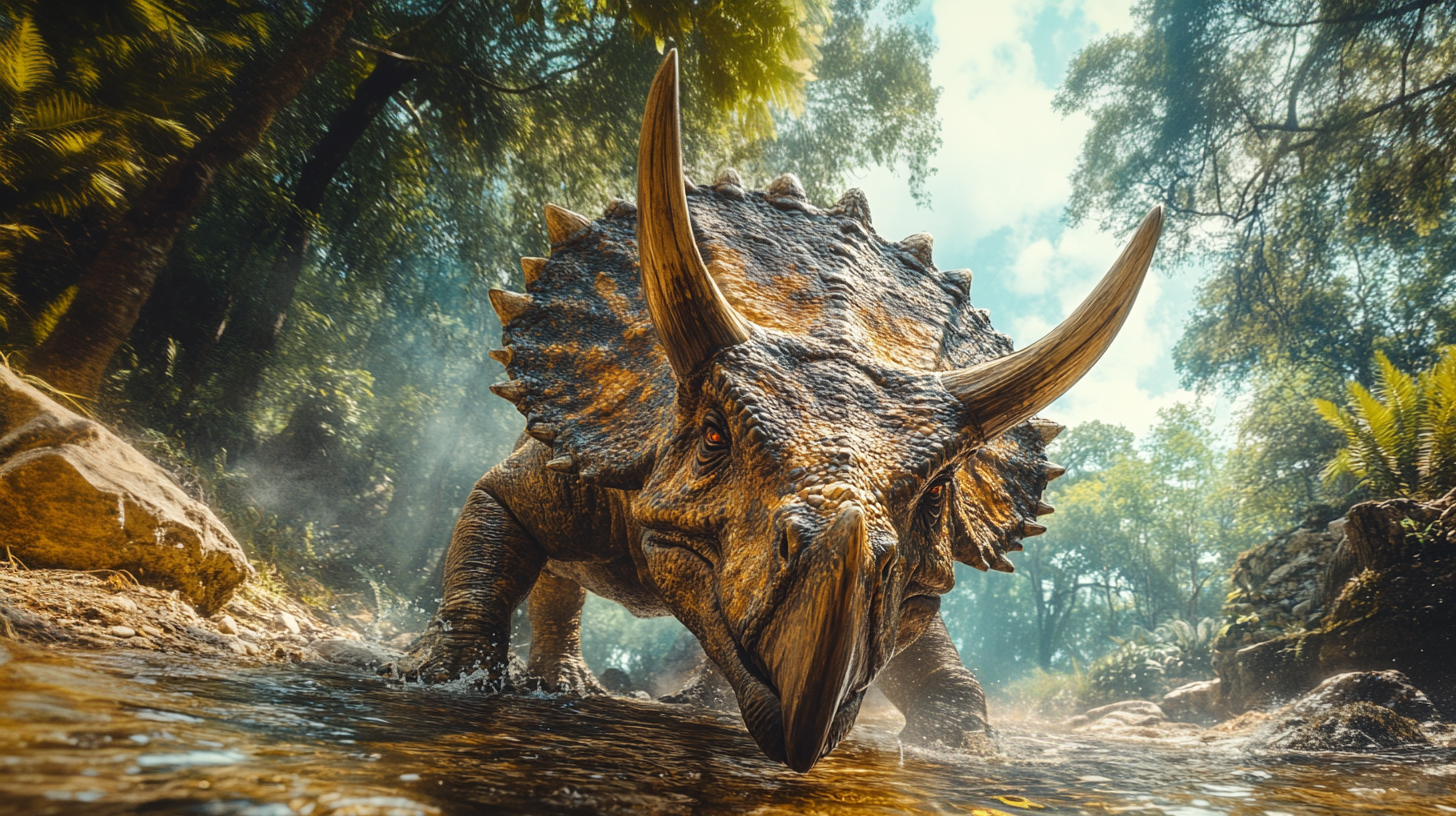 【デジタル恐竜シリーズ】水しぶきと角・水際のトリケラトプス【フリー素材 5枚セット】が新登場!!