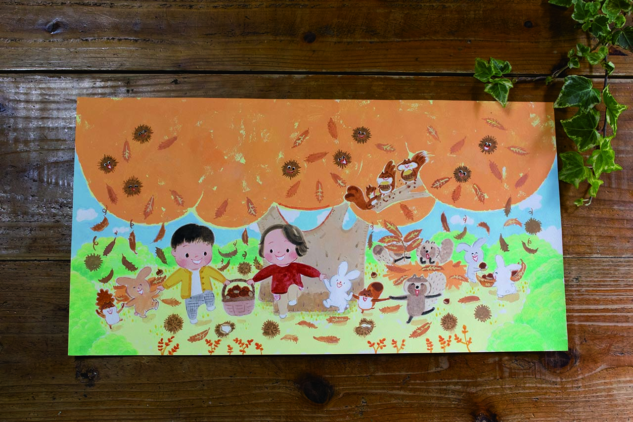 【イラスト手描き原画販売】秋の森で遊ぶ子どもや動物たち