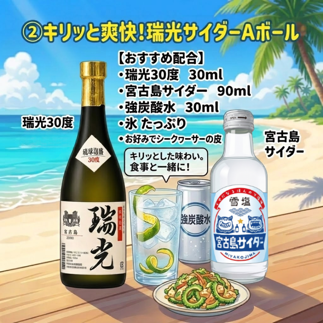「池間酒造の泡盛と宮古島サイダーでつくる  爽快な「ご当地Aボール」！のご紹介②