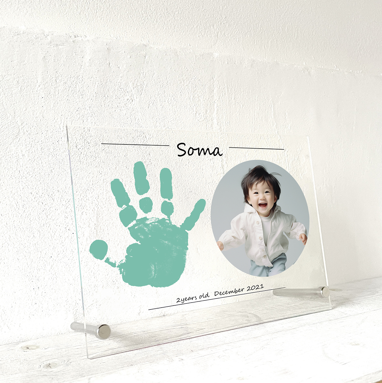 1歳2歳お子様向け*写真付 手形アクリルフォトスタンド(A5背景クリア)