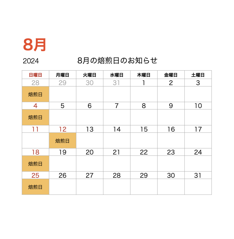 8月の焙煎日と発送日のご案内