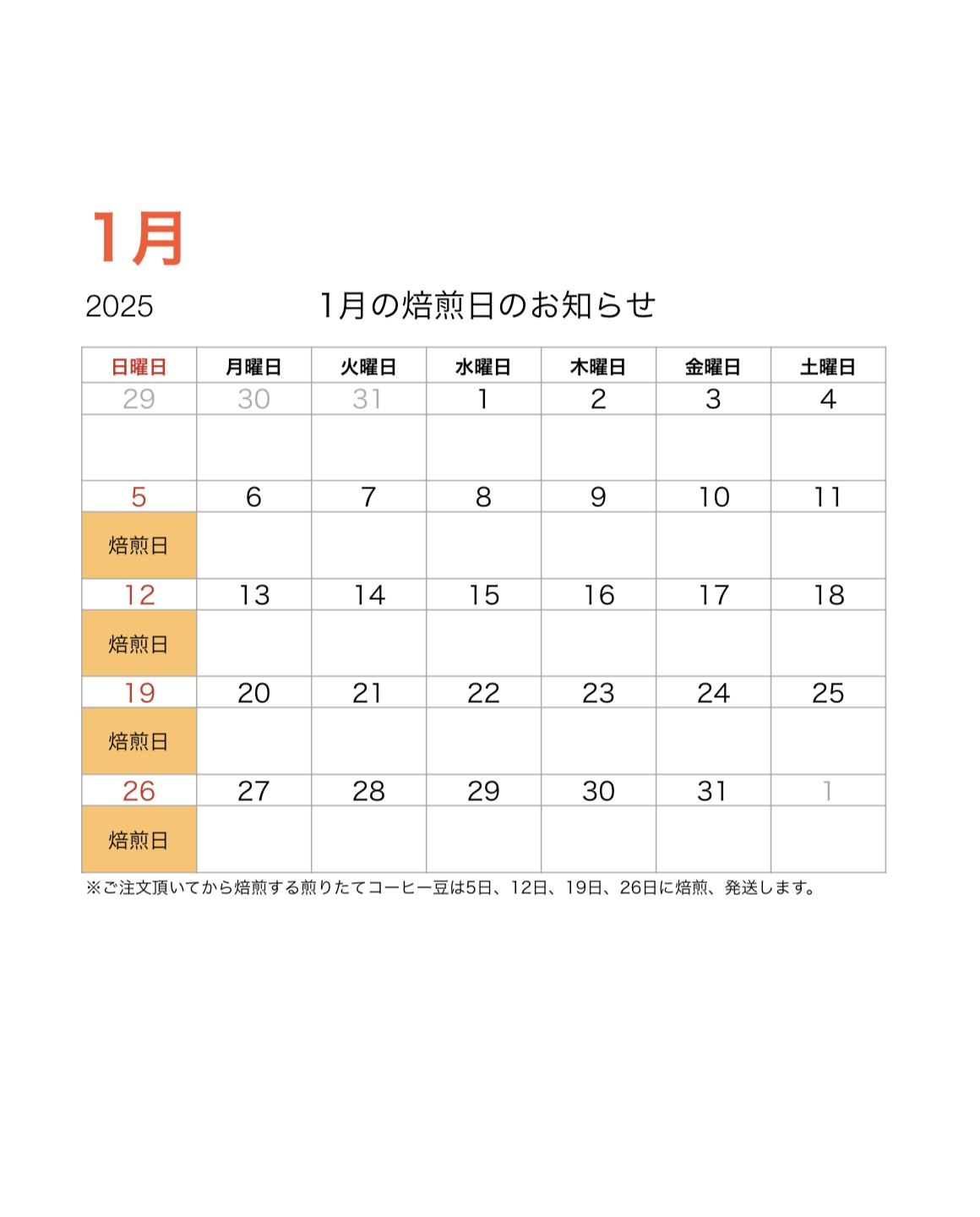 1月の焙煎日と初売りセールのお知らせ