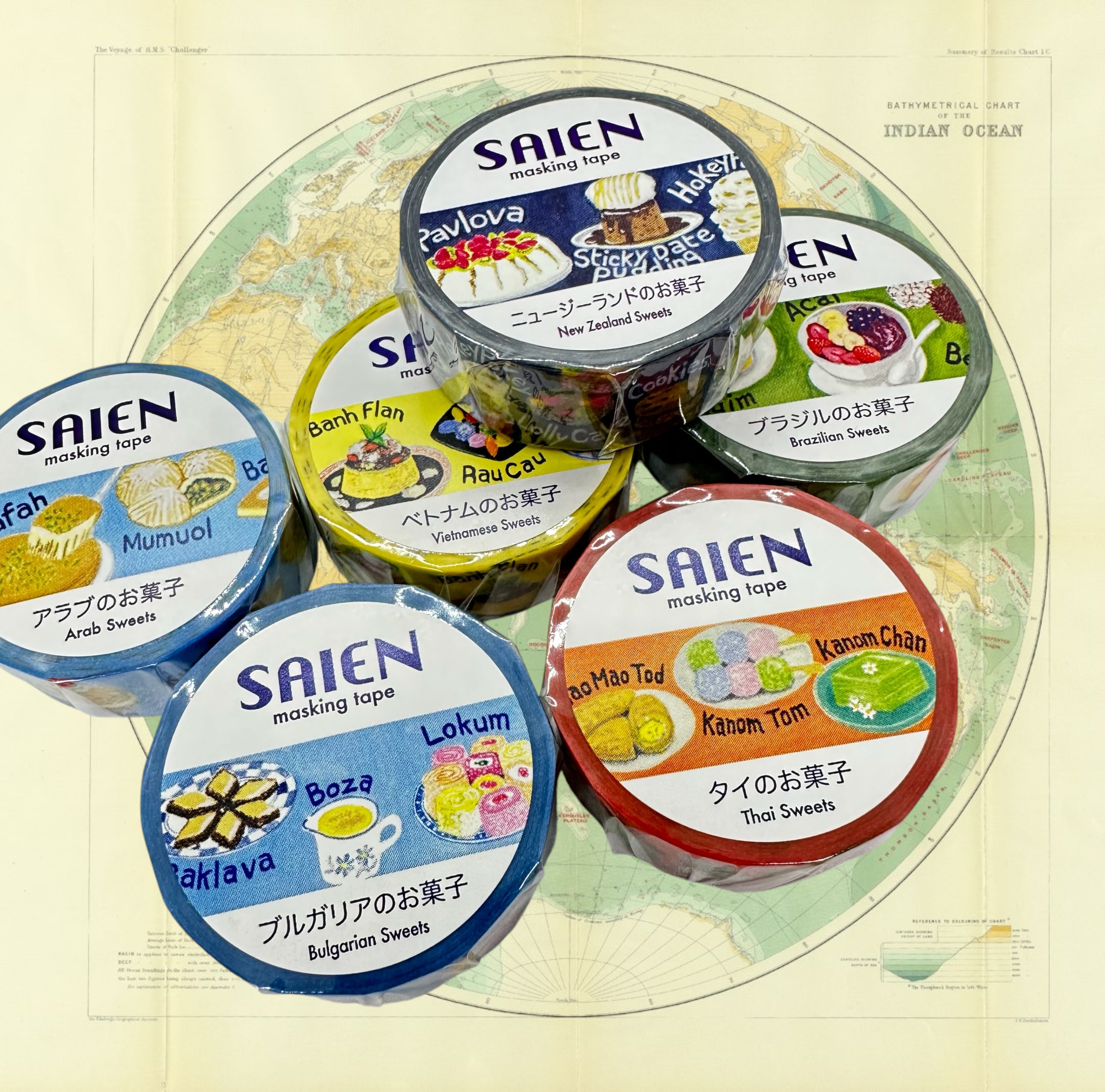 SAIENの世界のお菓子のマスキングテープ、販売中です🍪🧇🧁✨