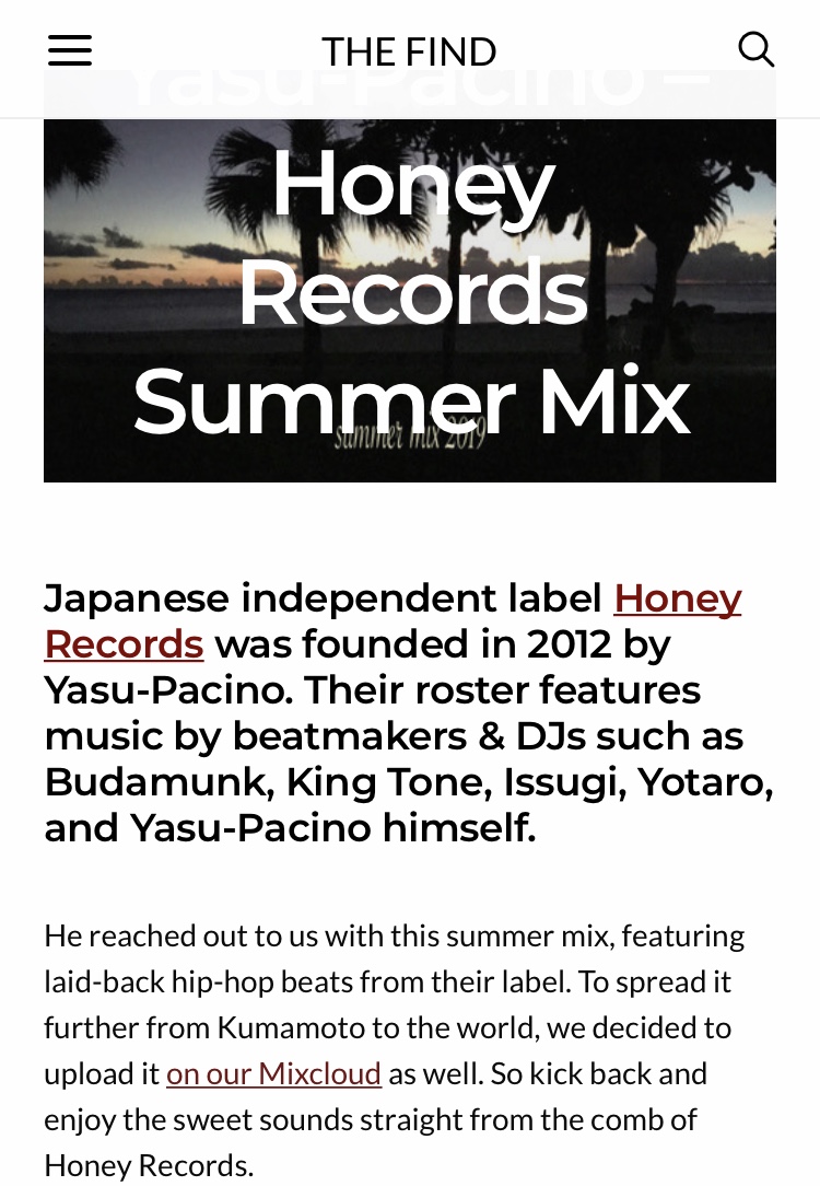 The Find Magに『Honey Records Summer Mix』が掲載されてます