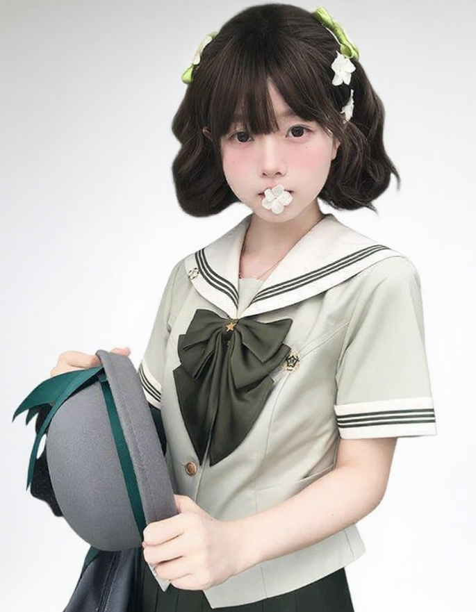水色セーラー服と古典的な風景の融合