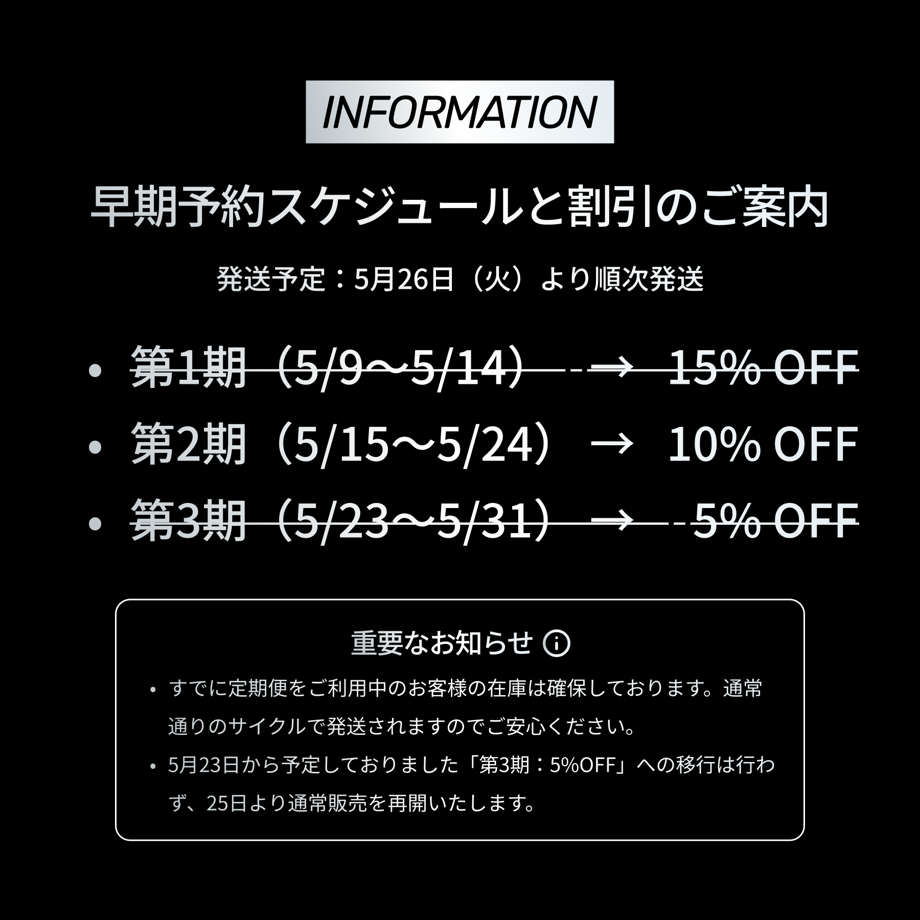 【重要】お届けに関するお知らせと、予約販売期間変更のご案内