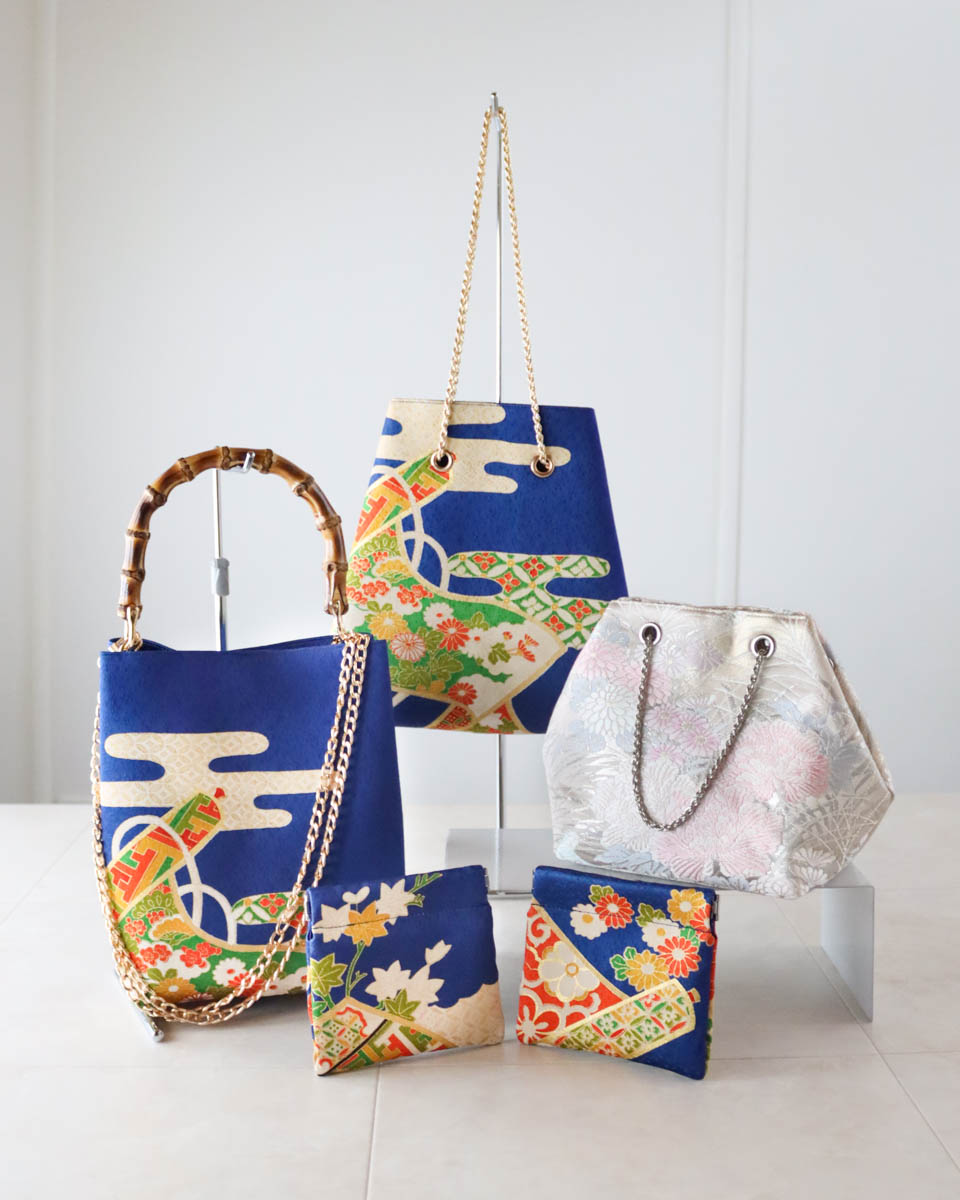 訪問着と袋帯からバッグとポーチへリメイク