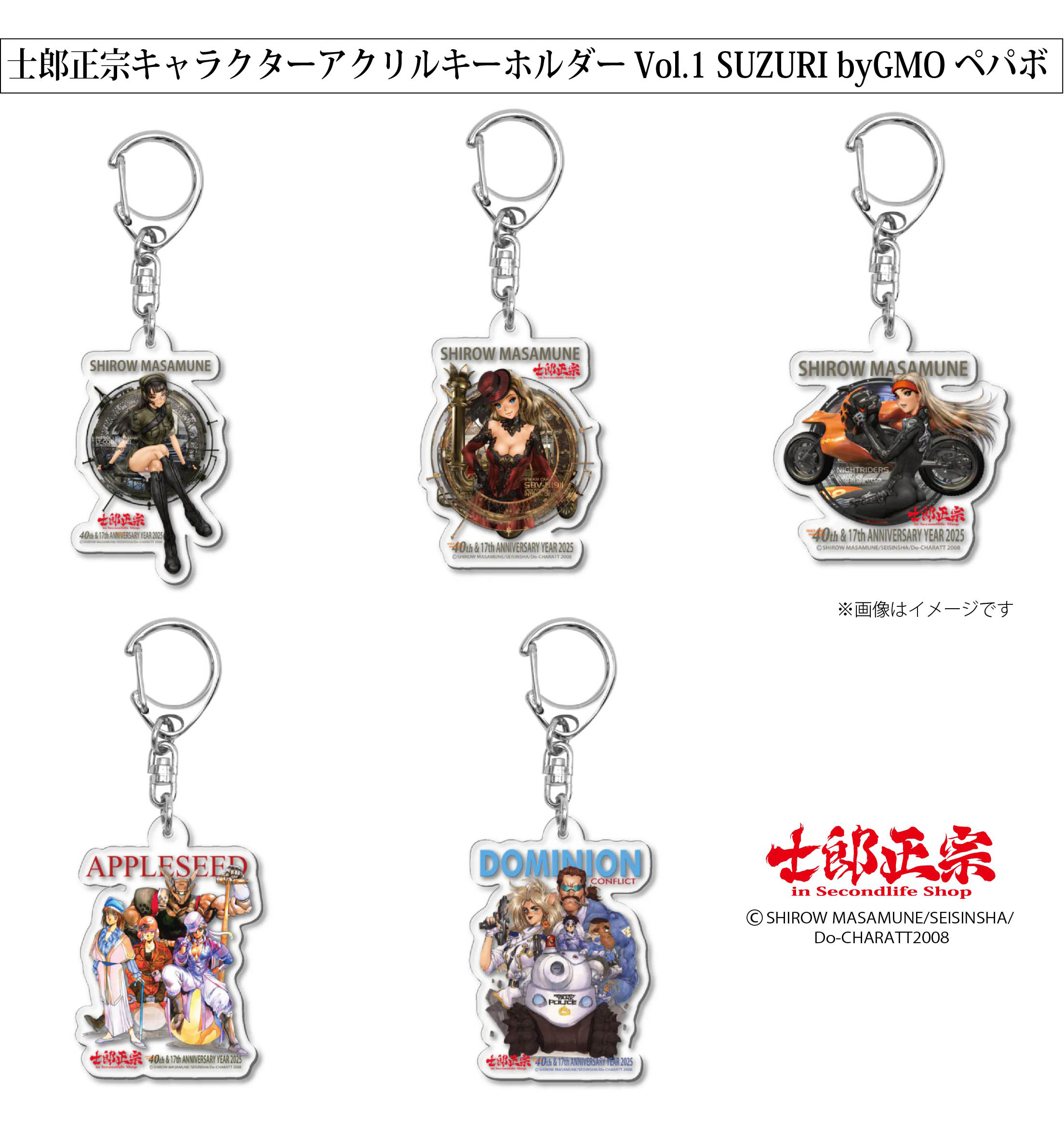 「士郎正宗キャラクターアクリルキーホルダーVol.1」SUZURI byGMOペパボ サイトで発売。