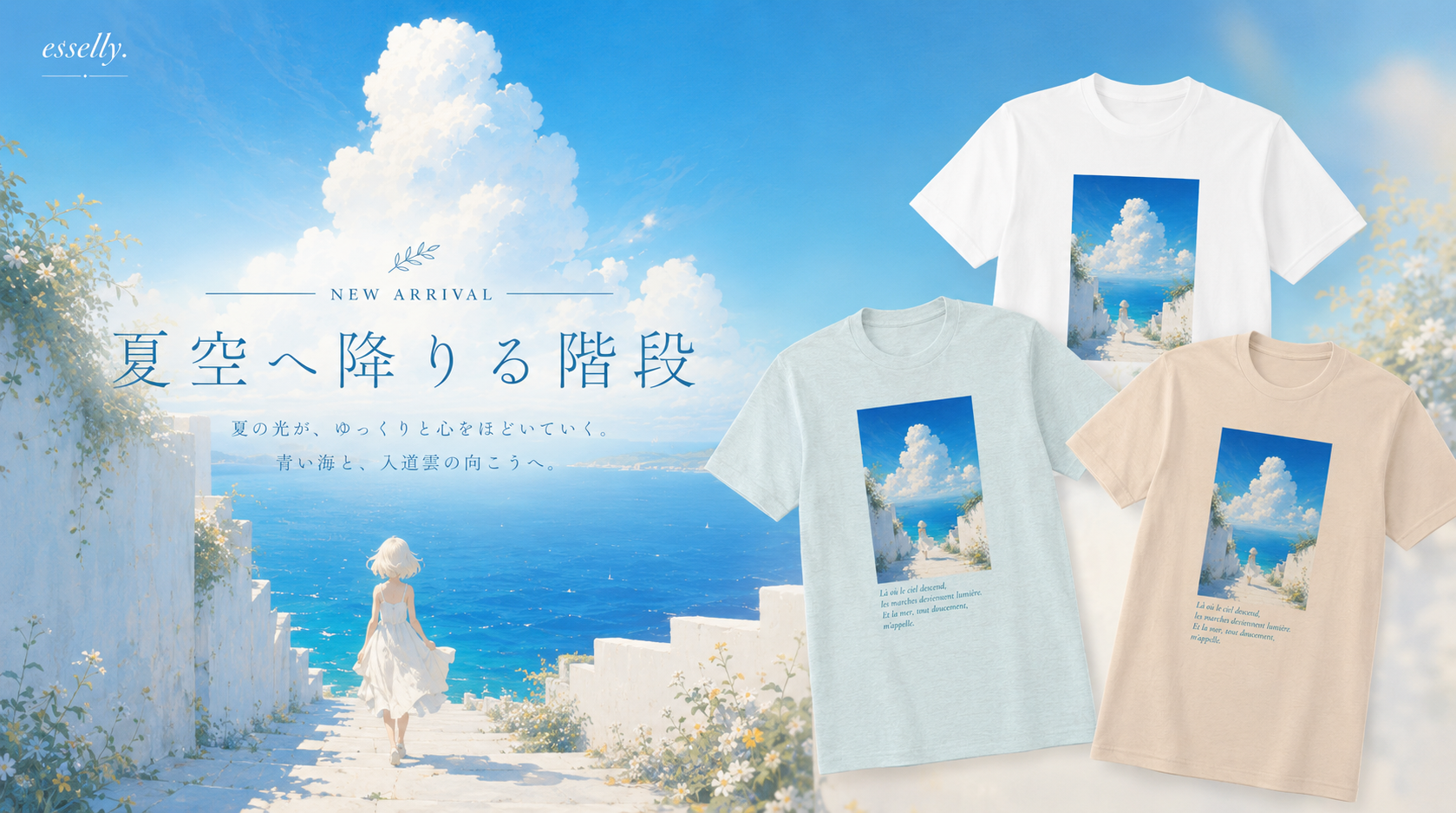 夏空へ降りる階段|青い海へ続く、夏の物語Tシャツ
