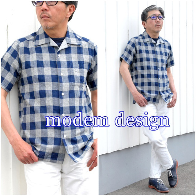半袖チェックシャツ　ブロックチェックシャツ　モデムデザイン　modemdesign