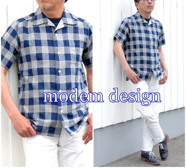 半袖チェックシャツ　ブロックチェックシャツ　モデムデザイン　modemdesign