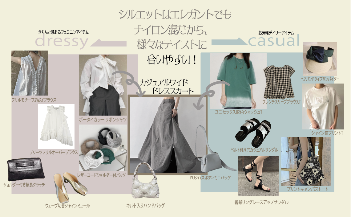 ドレッシーアイテムには 気軽カジュアルを合わせて...