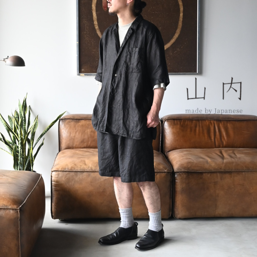 山内(ヤマウチ)黒染ヘンプツイル、半袖シャツ、ショーツセットアップ
