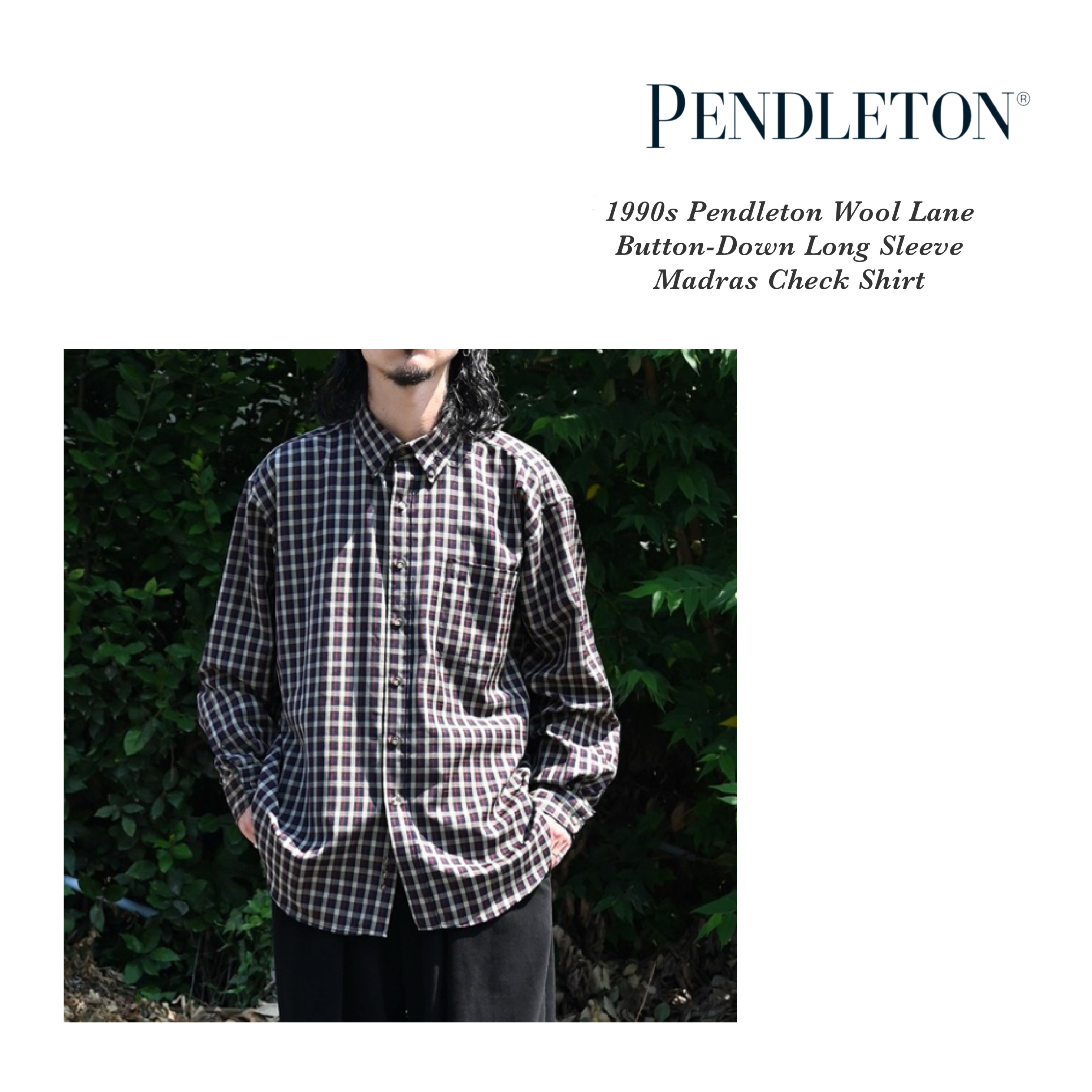 (90年代ペンドルトンウールレーンボタンダウンロングスリーブマドラスチェックシャツ）の着こなし紹介