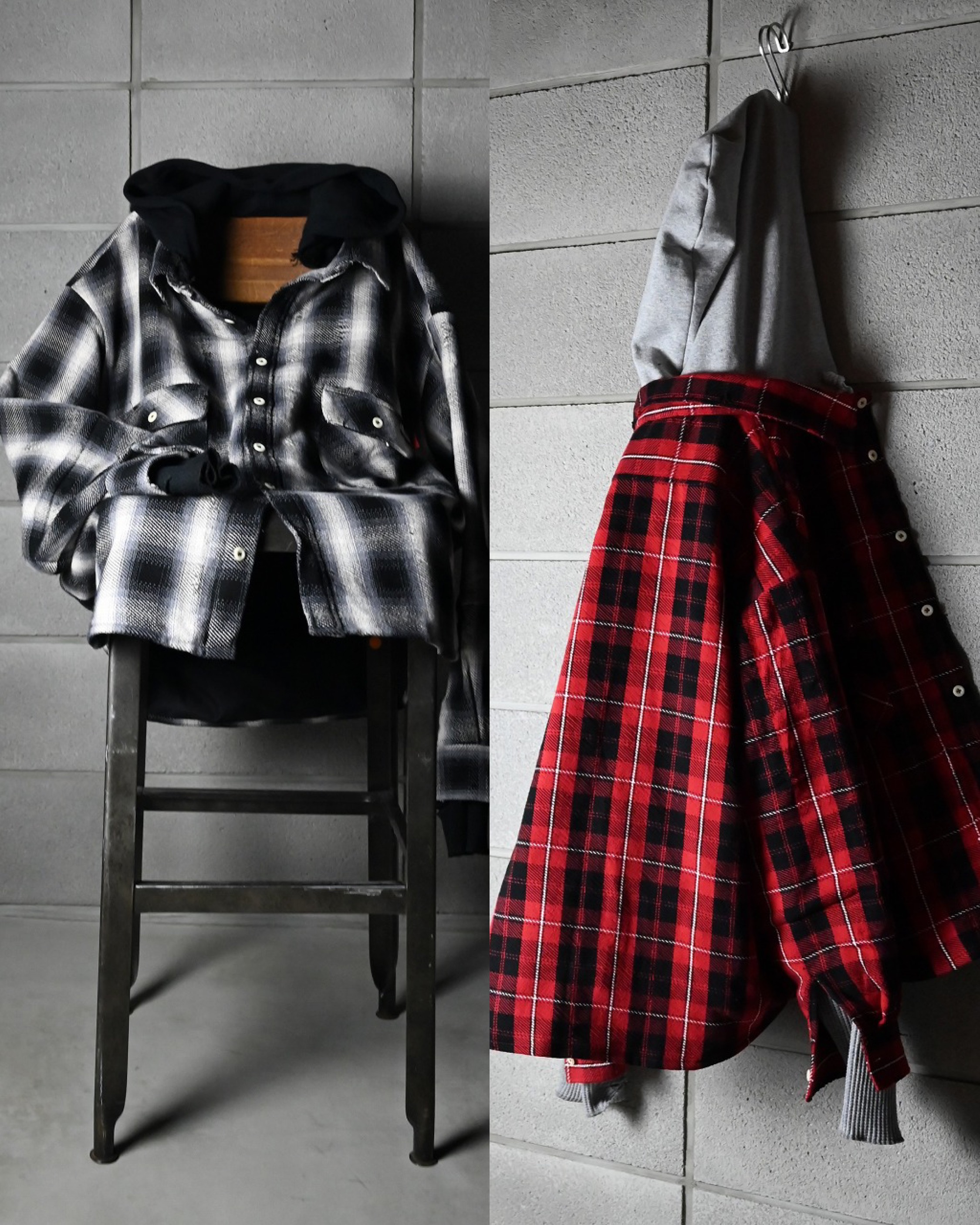 Leh(レー)ダメージ加工を施したフード付きレイヤードシャツ新入荷