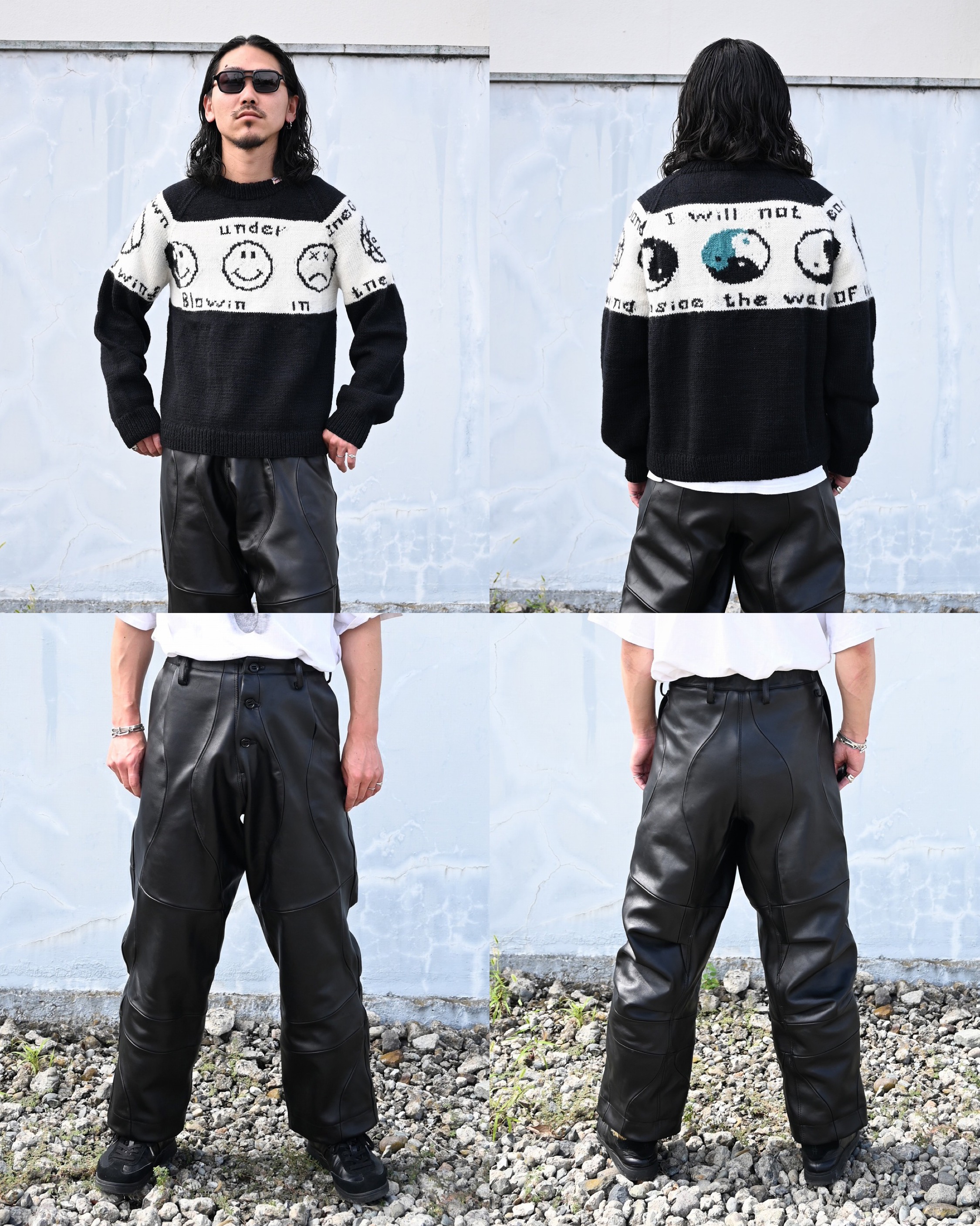 LEH (レー)メリノウール100％のスマイルデザインニット、36個の高級ラムレザーパーツ使用パンツ