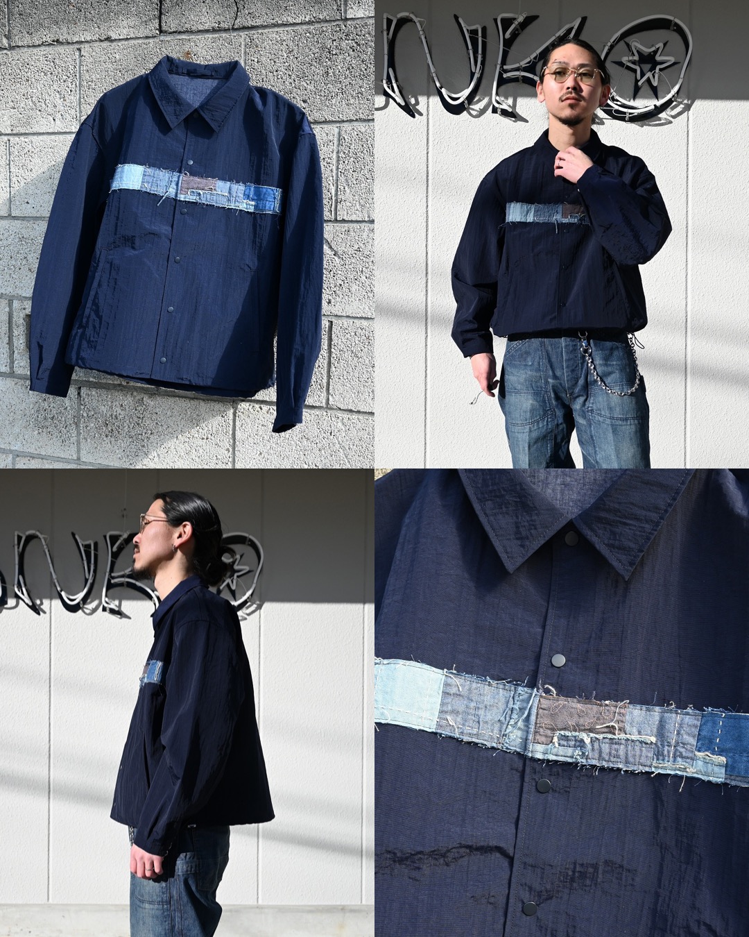 KUON(クオン）フロントに襤褸生地を施したナイロンコーチジャケット
