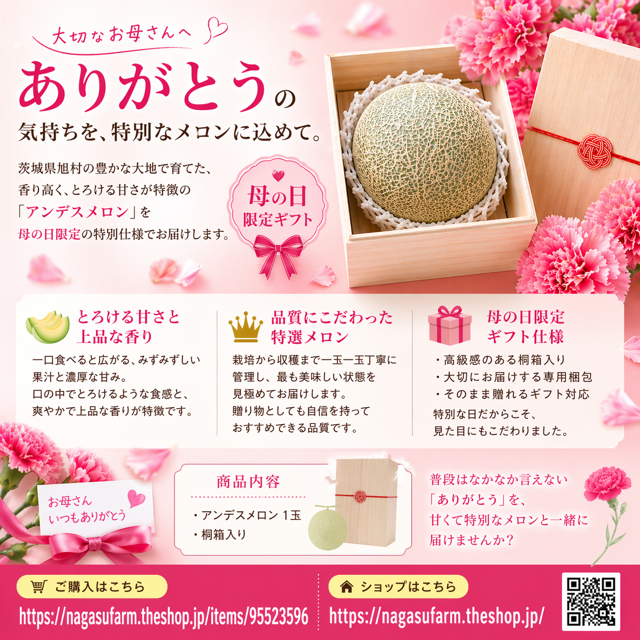 【母の日限定】特選 アンデスメロン 1玉｜茨城県旭村産｜桐箱入りギフト