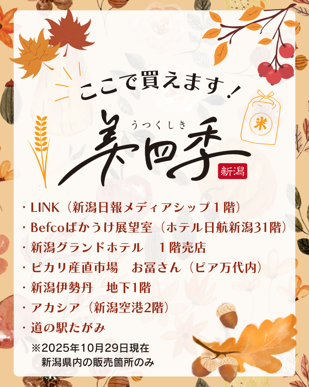 美四季　弥彦産コシヒカリ　新潟県内の販売店舗を公開！