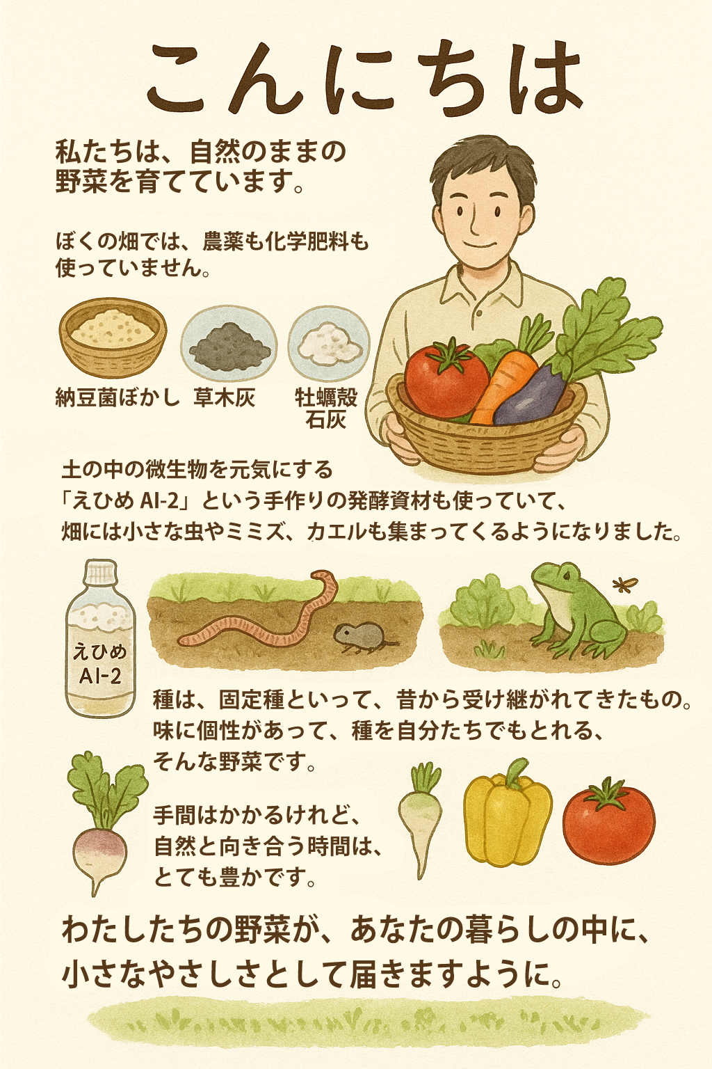 「やさしい土から、やさしい野菜。」 ― 固定種 × 無農薬 × 微生物で育てました。