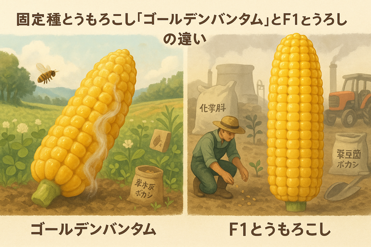 【固定種とうもろこし「ゴールデンバンタム」とF1とうもろこしの違い】