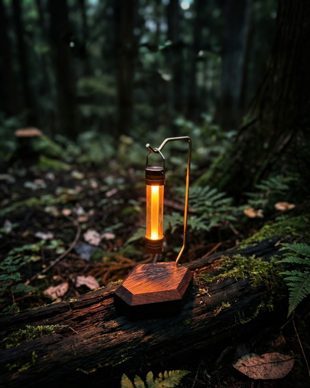 サイトの夜を支配する。漆黒の銘木「ウェンジ」と真鍮で造る無骨な六角ランタンスタンド