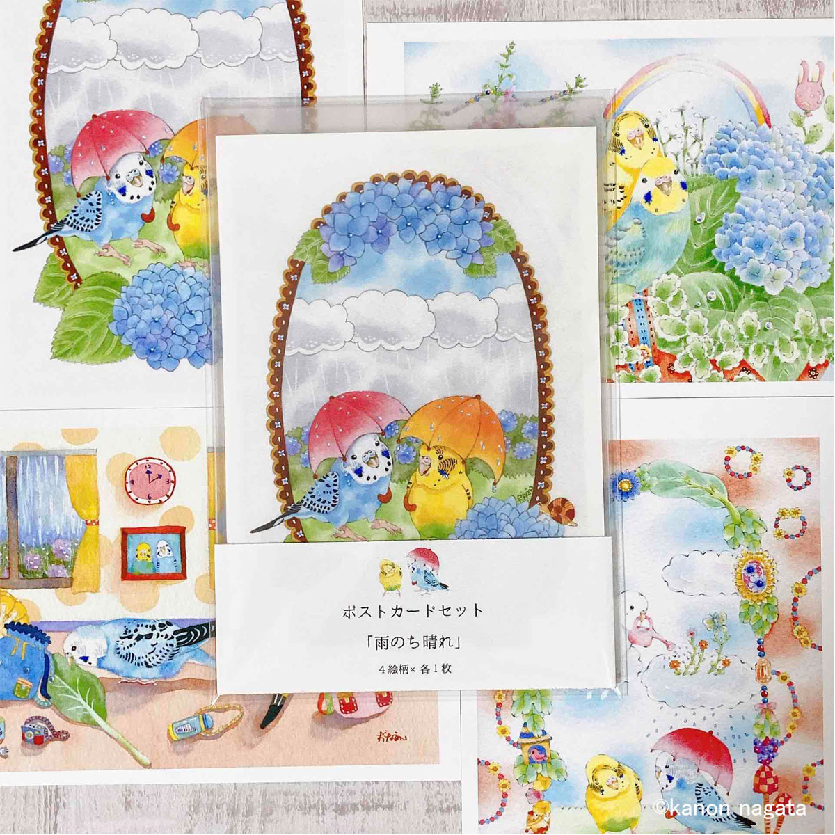 インコのポストカードセット「雨のち晴れ」販売中です