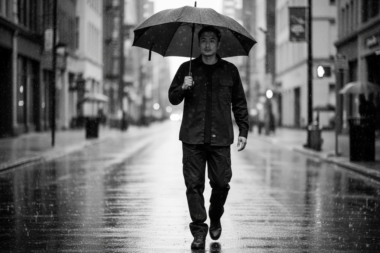 【コーデ紹介】梅雨の雨の日コーデは長袖シャツで整える|黒のワークパンツと作る古着スタイル