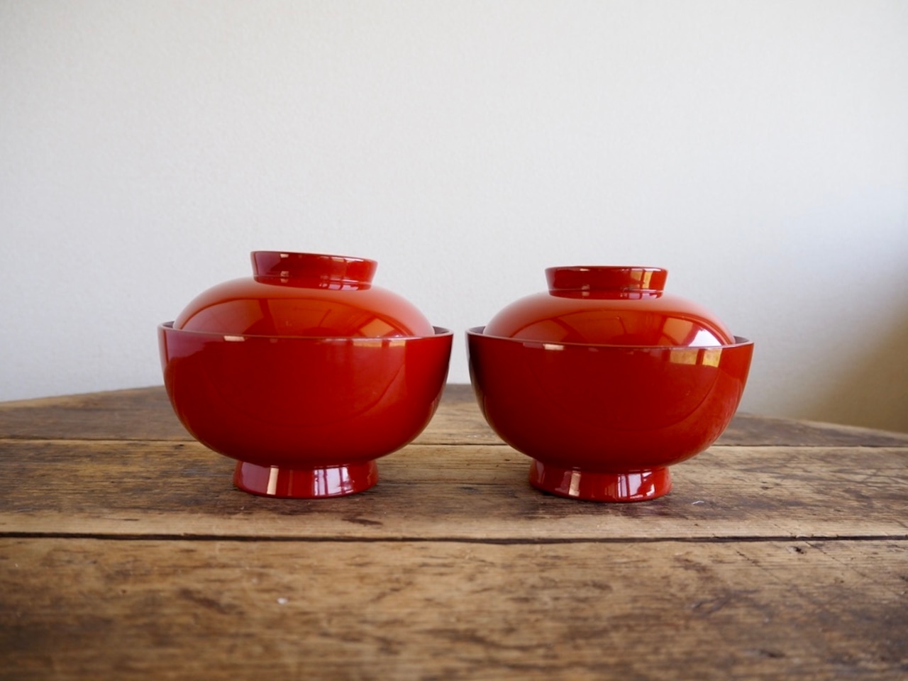 antiques 輪島塗 漆芸 蓋付椀 2客セット 天然木 朱塗 漆器