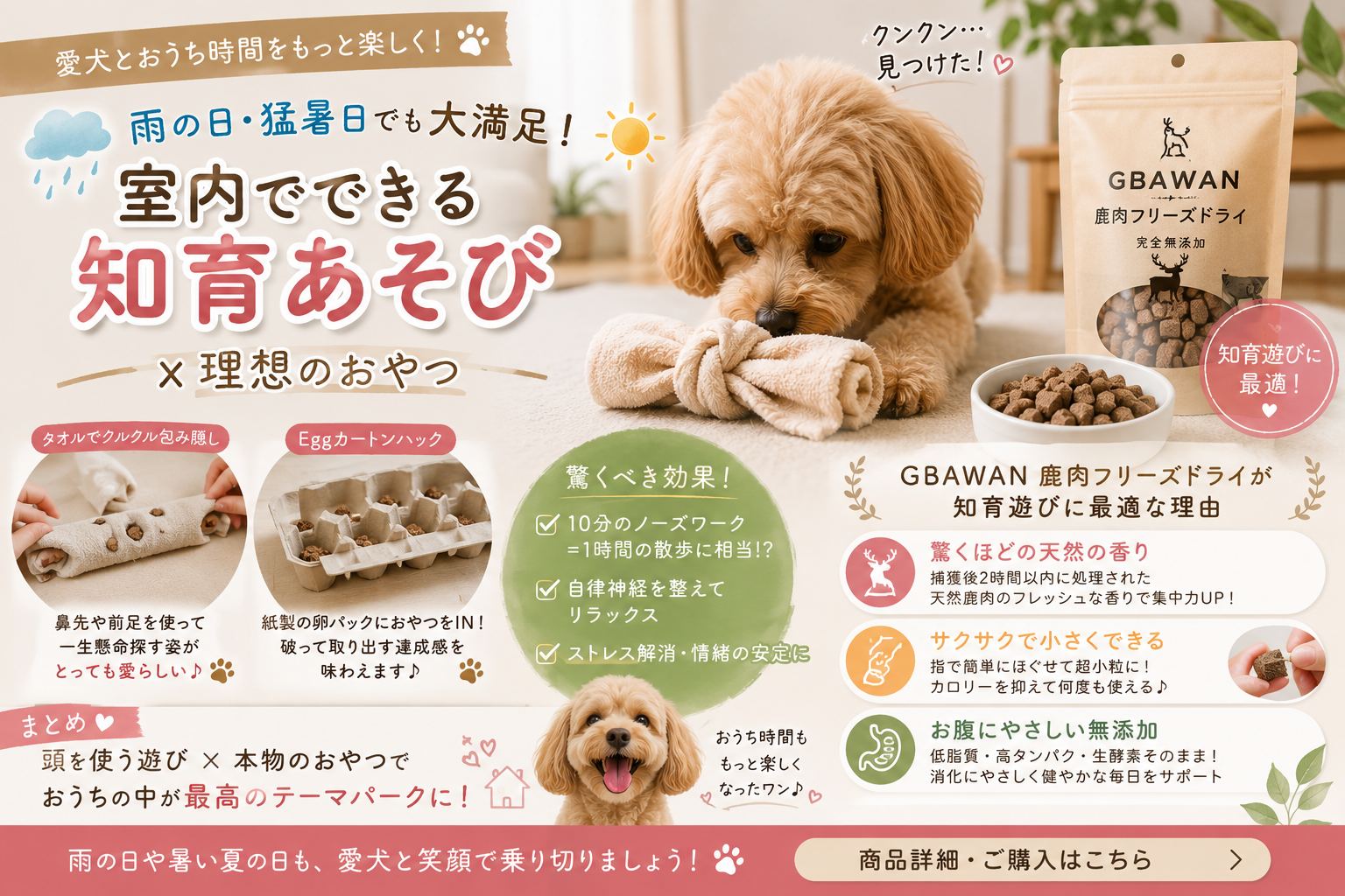 【夏の室内ストレス対策】雨や猛暑も大満足!愛犬の知育遊びと鹿肉おやつ