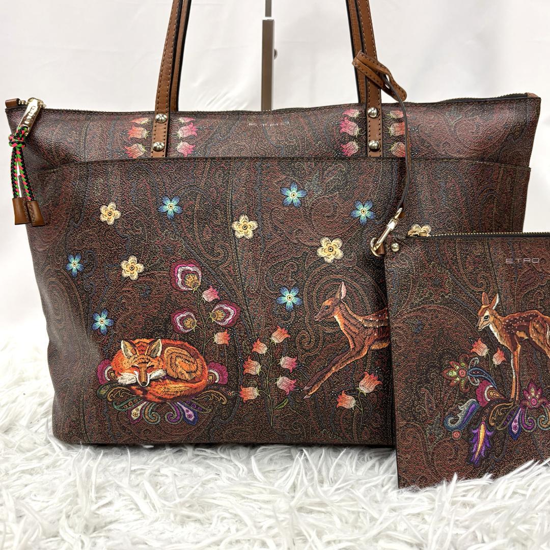 ETRO　イタリア製　キツネ×バンビ　ペイズリー柄　ポーチ付き　動物の森