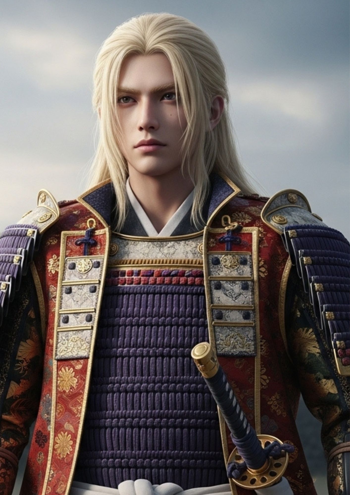 金髪イケメン戦国武将風　｜高解像度デジタルアート A4ポスター用データ（DL商品）