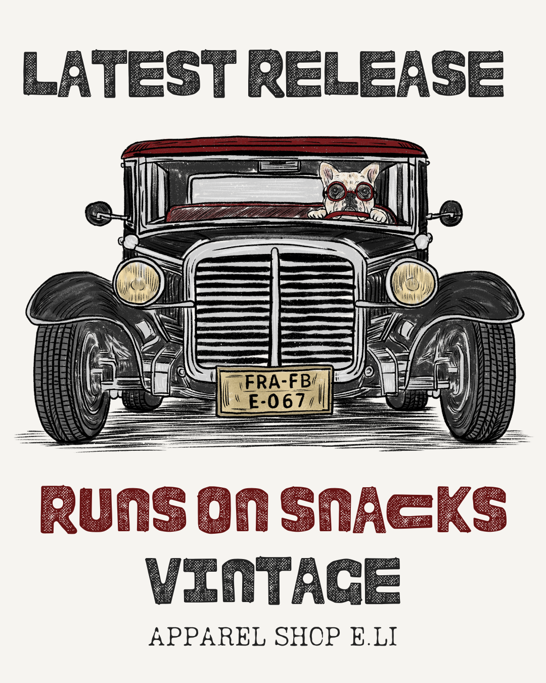 ガソリンじゃなくて、おやつで走ってます。 ヴィンテージカーに乗ったフレブルTシャツ