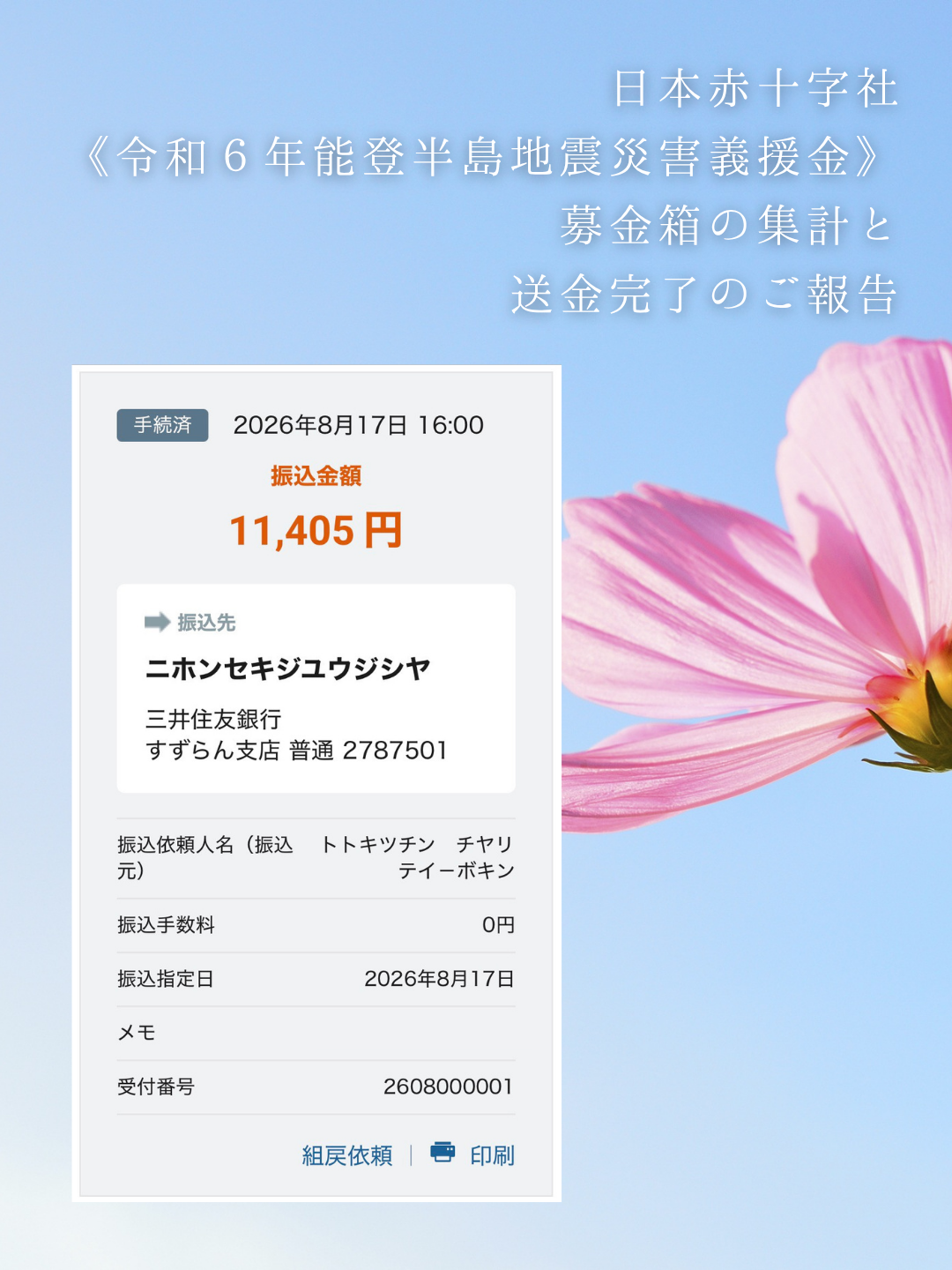 2026.1～7 トトキッチンチャリティー募金の集計と送金完了のご報告