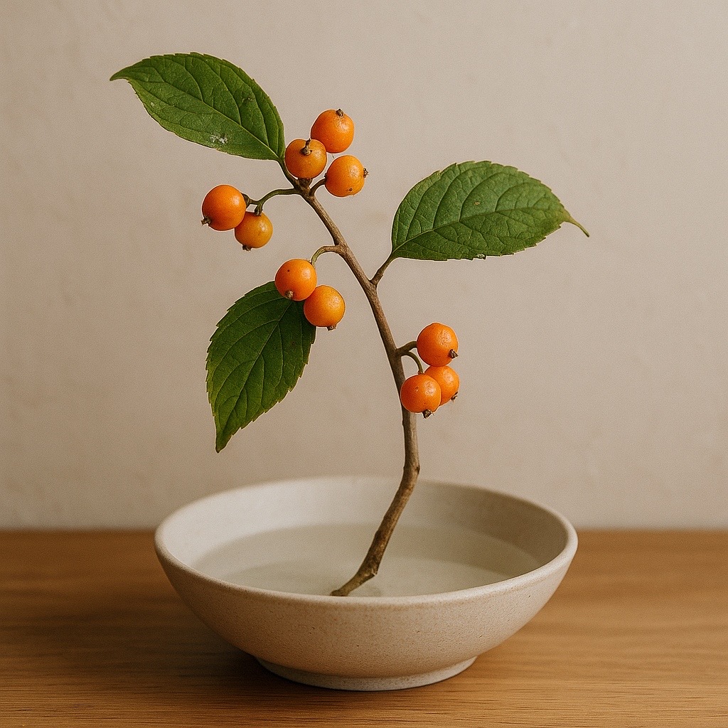 【浅鉢に一枝、秋の実ものを。ツルウメモドキで整うテーブル】