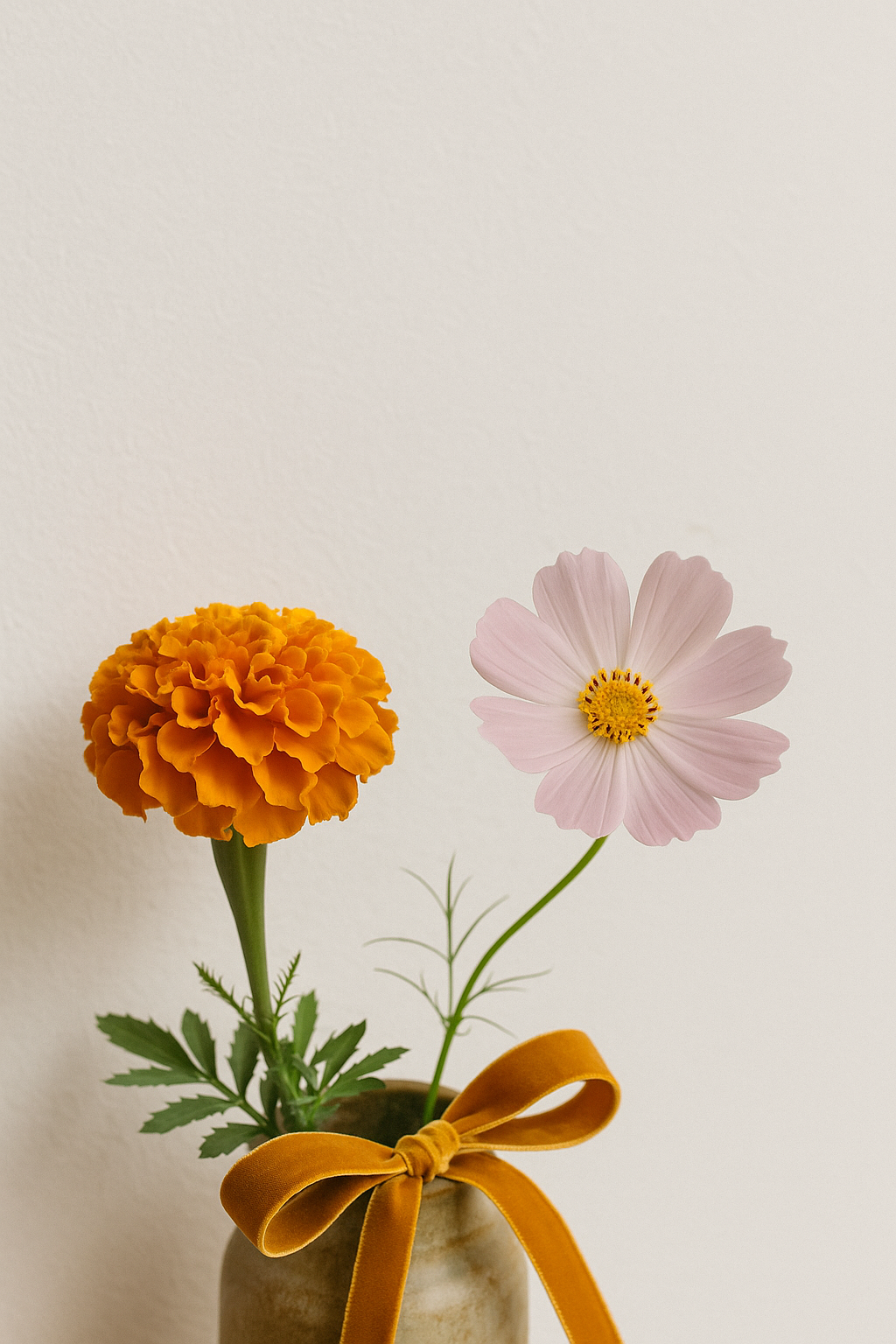 秋のマリーゴールドとコスモス。見えないところで支え合う花たち。