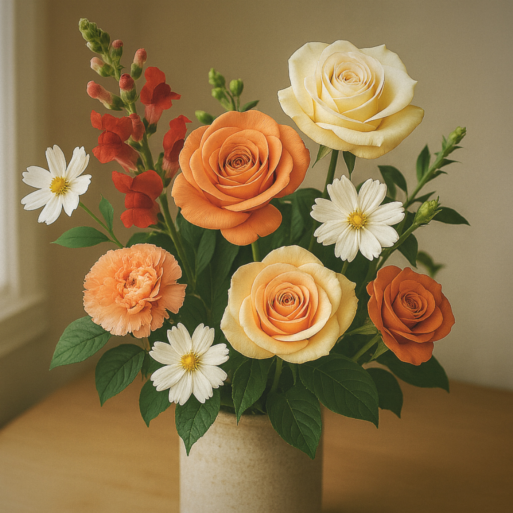 花がやさしく見えるのは、光の角度のせいかもしれません。