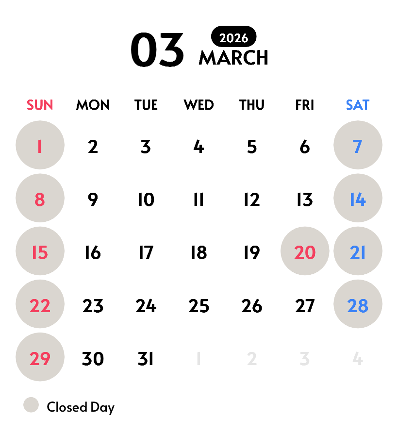 Open Days in March　2026年3月の営業日はこちら